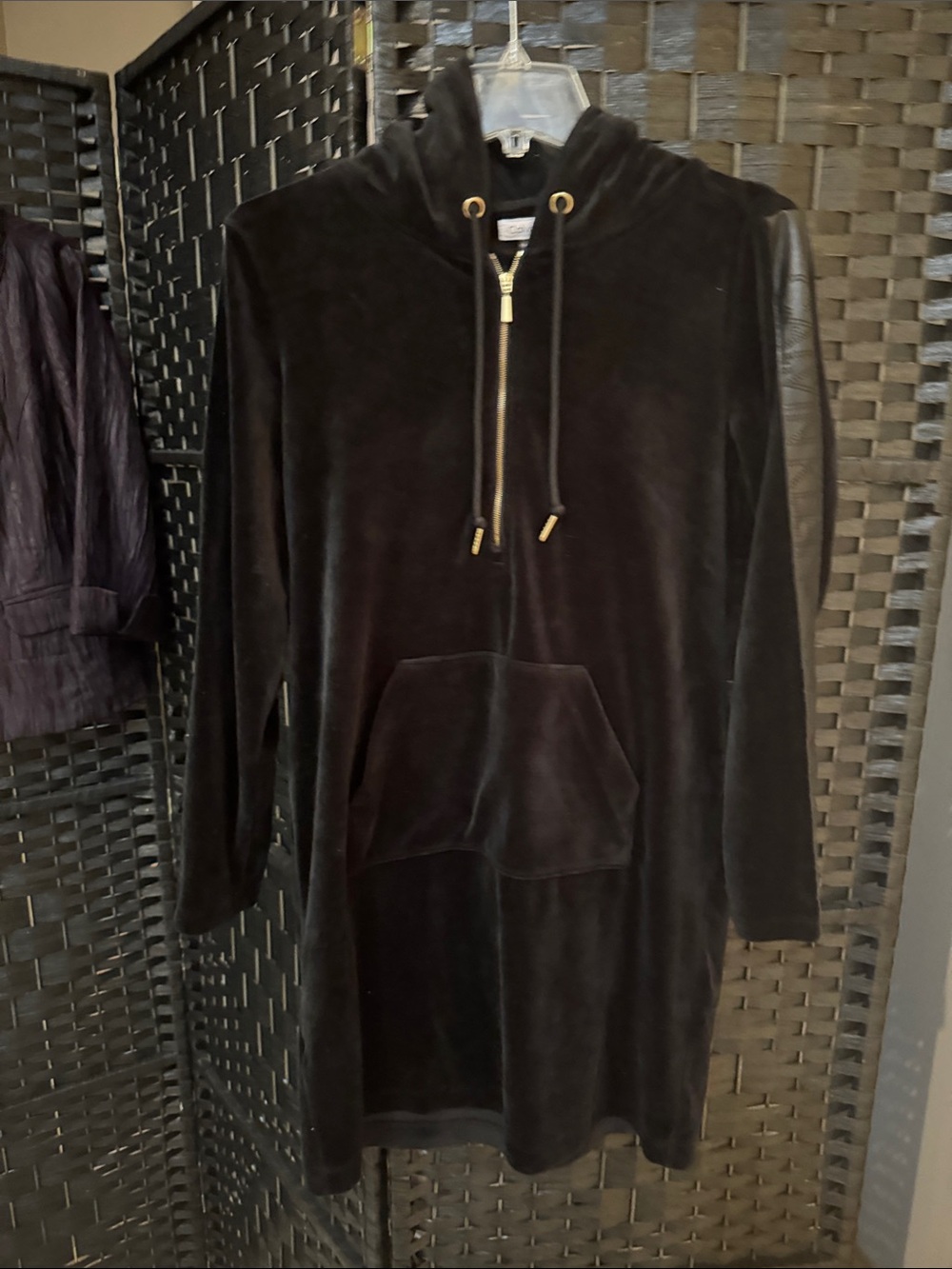 Calvin Klein Black Velvet Hoodie Dress with faux Leather-Trim Sleeves